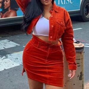 Stylish Orange Corduroy Jacket and Skirt Set
